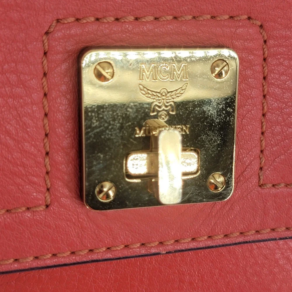 MCM Satchel Handbag Coral Orange Pebbled Leather Gold Hardware 2-in-1 Crossbody